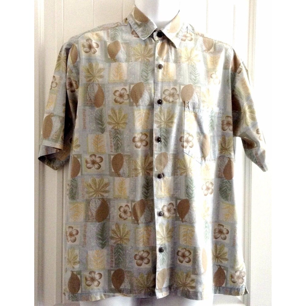 Pau Hana Men's Shirt Medium Hawaii Aloha Blue Beige Green Leaf Print - Picture 2 of 4